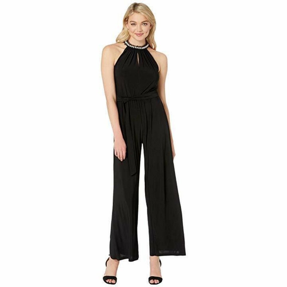 NWT Betsey Johnson Black, Halter, Wide Leg Jumpsuit With Pearl Collar Sz 4
